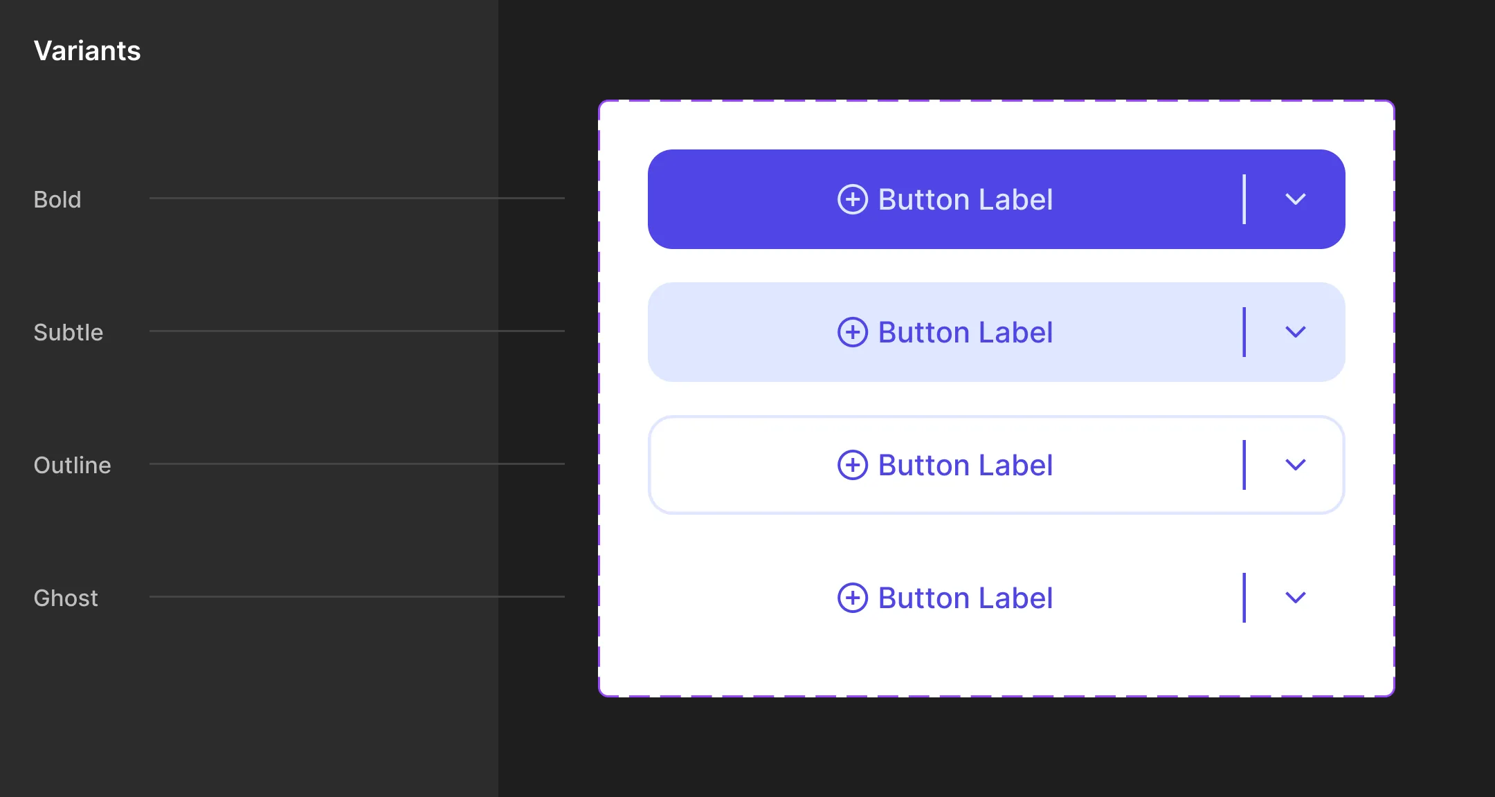 Four differently colored variants of the button component