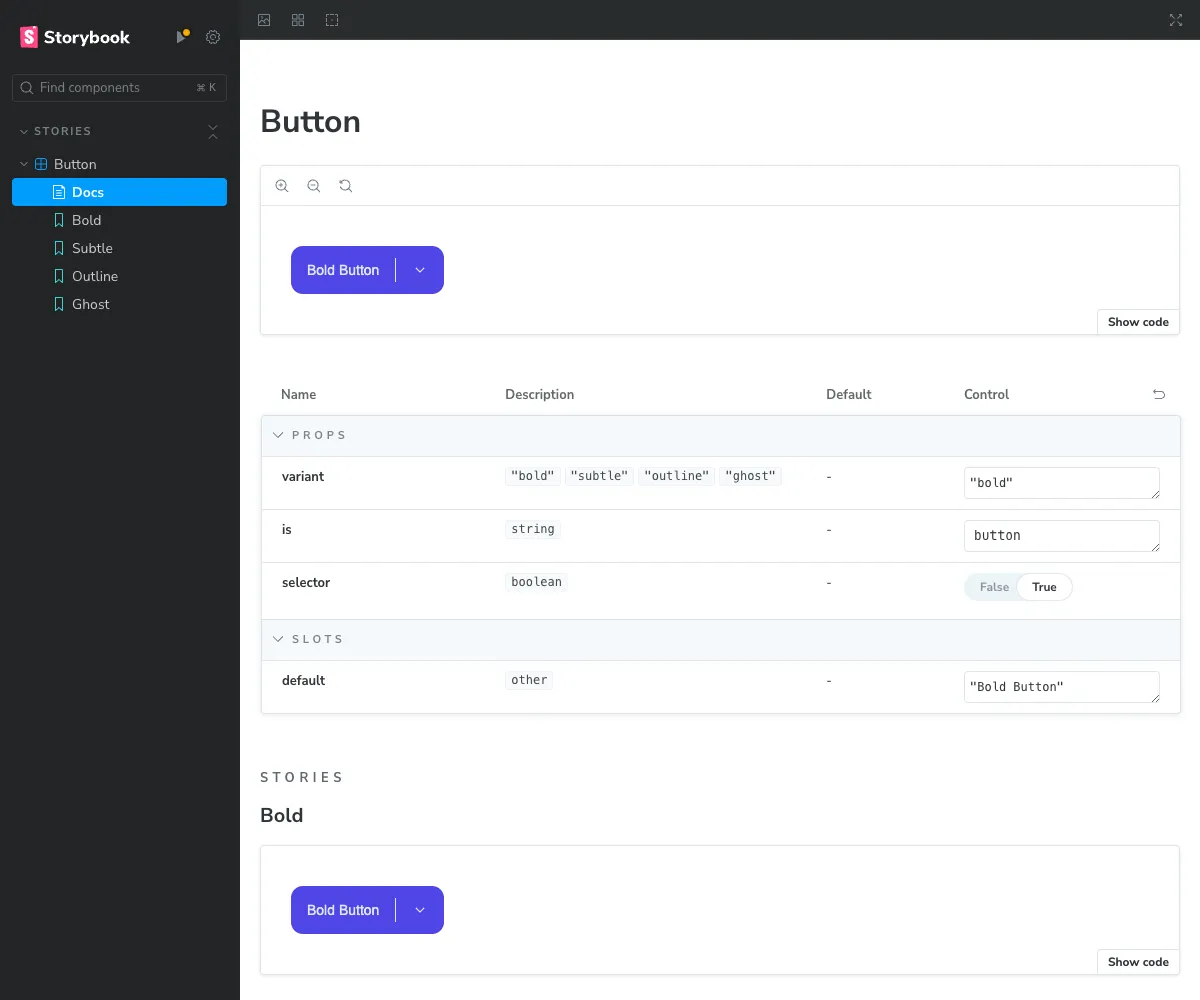 Visual preview of Storybook's Autodocs feature which showcases the component properties and variants