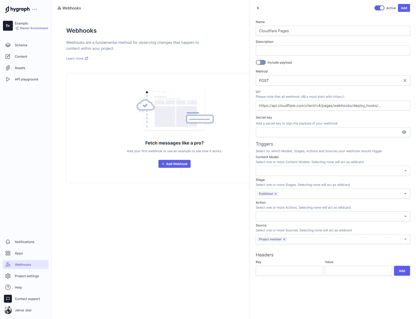 View of the Webhooks menu item in Hypgraph