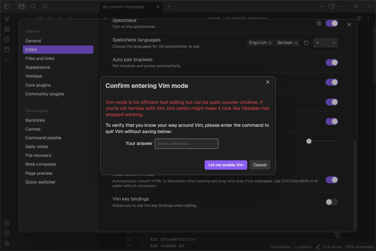 User dialog confirming entry into Vim mode